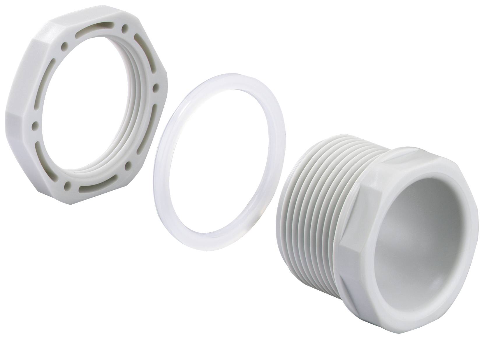 Three plastic components: A hexagonal nut, a flat washer, and a ribbed connecting element. Predominantly light grey.