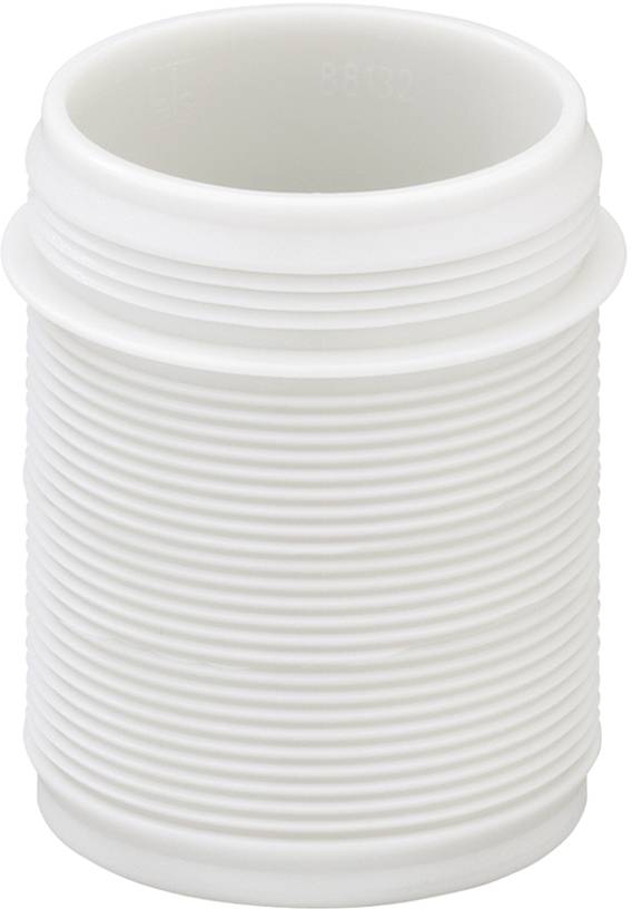 A white, flexible plastic pipe with ridges, viewed vertically. Suitable for water pipes or ventilation systems.