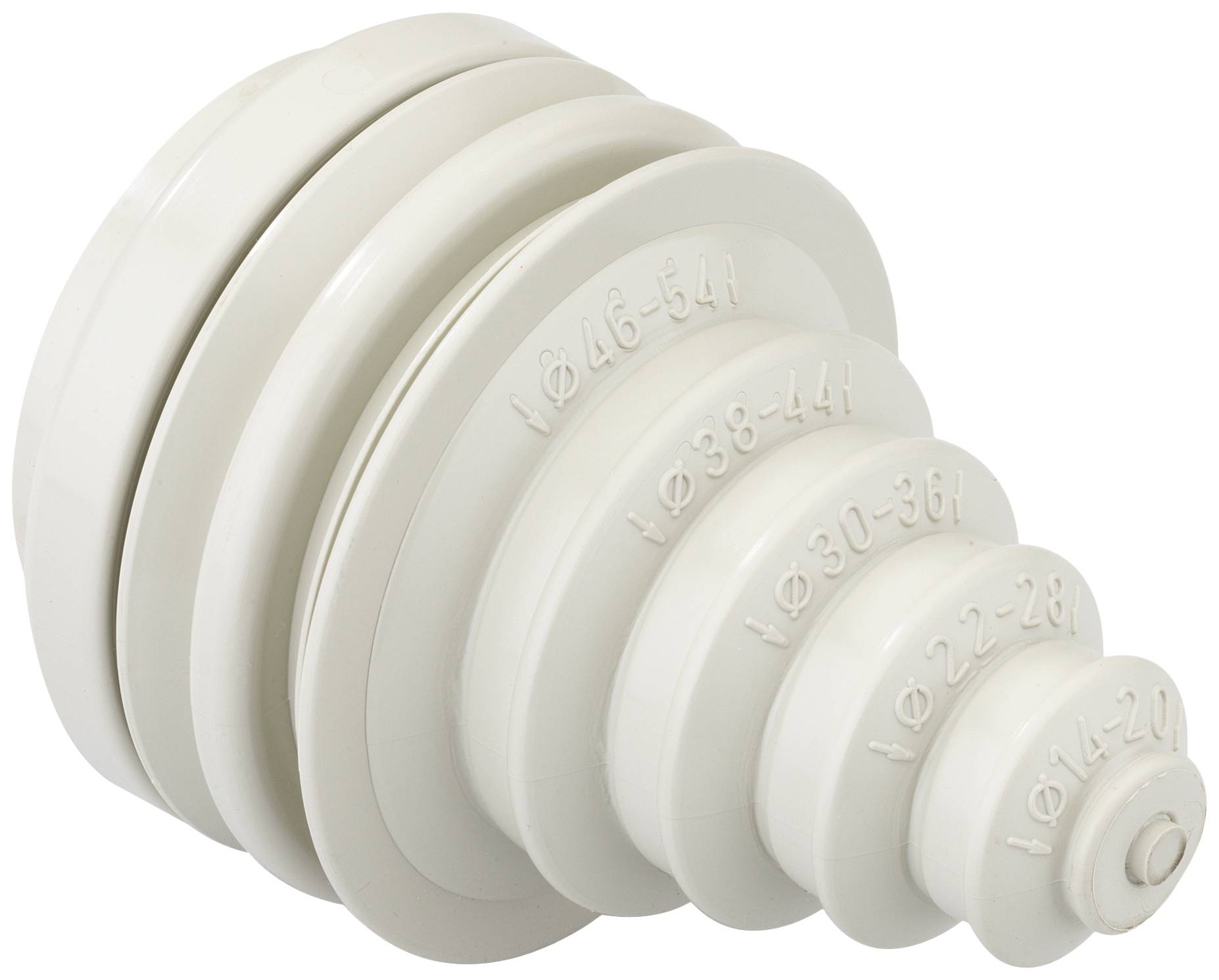 White, cone-shaped plastic cover indicating several sizes, from small to large.