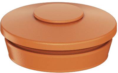 A round, orange container lid with a flat design and a small, central circle on top.