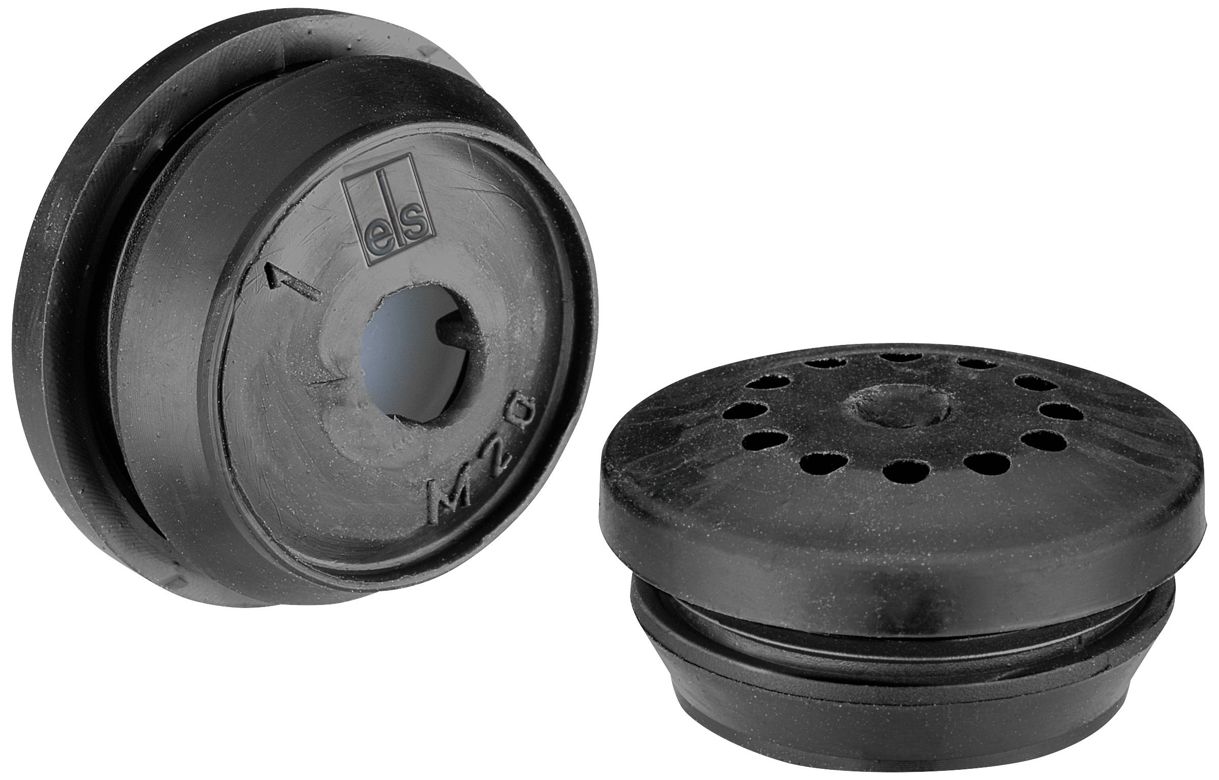 Two black plastic stoppers, one with a central hole, the other with several small holes, possibly for ventilation.