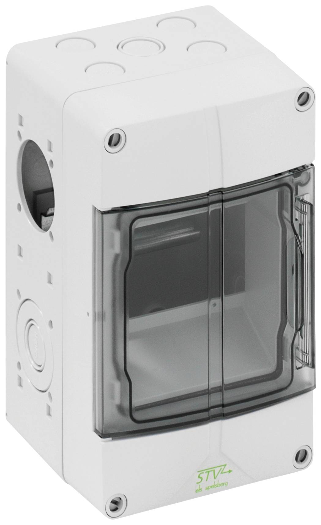 White enclosure box with transparent hinged lid, suitable for installing electrical components. Robust and multi-part.