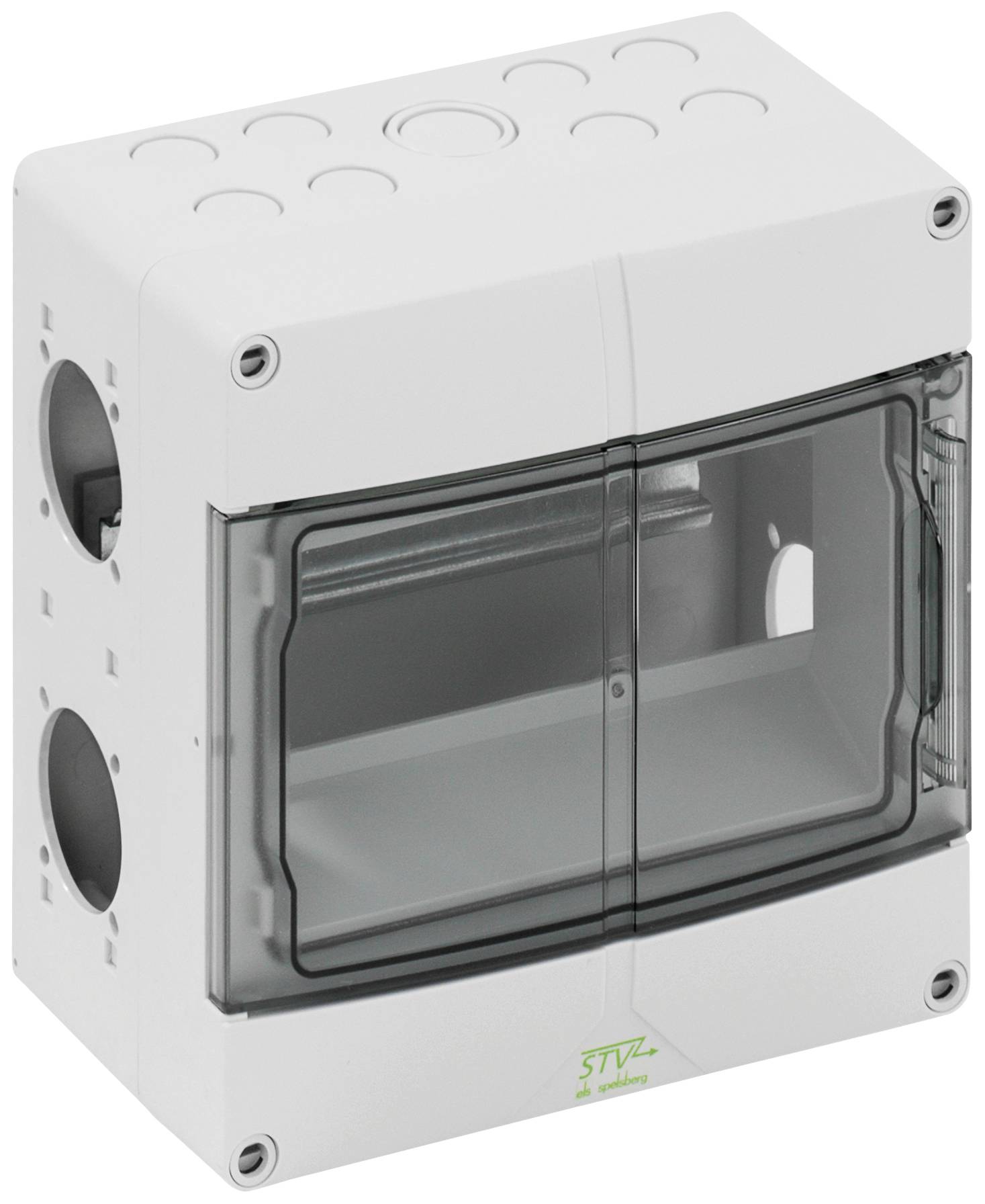 Small, grey plastic electrical fuse box with a transparent cover and side holes for cable connections.