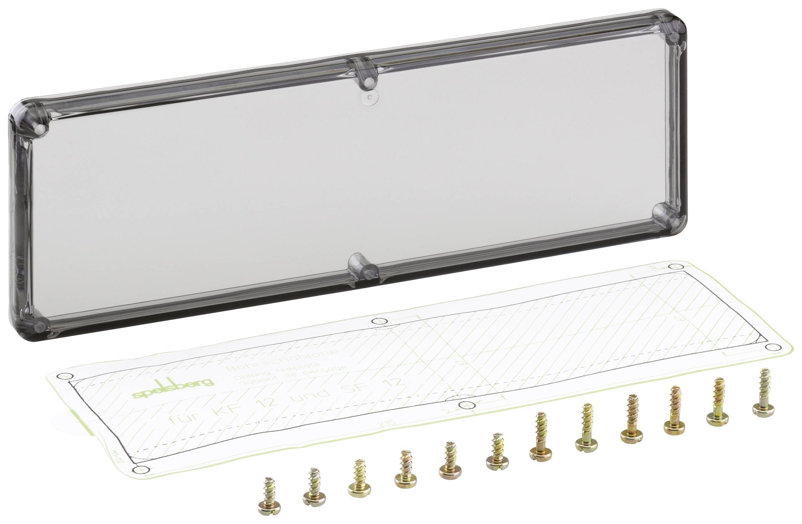 Rectangular number plate holder in black with screws and mounting instructions. Suitable for attaching vehicle registration plates.