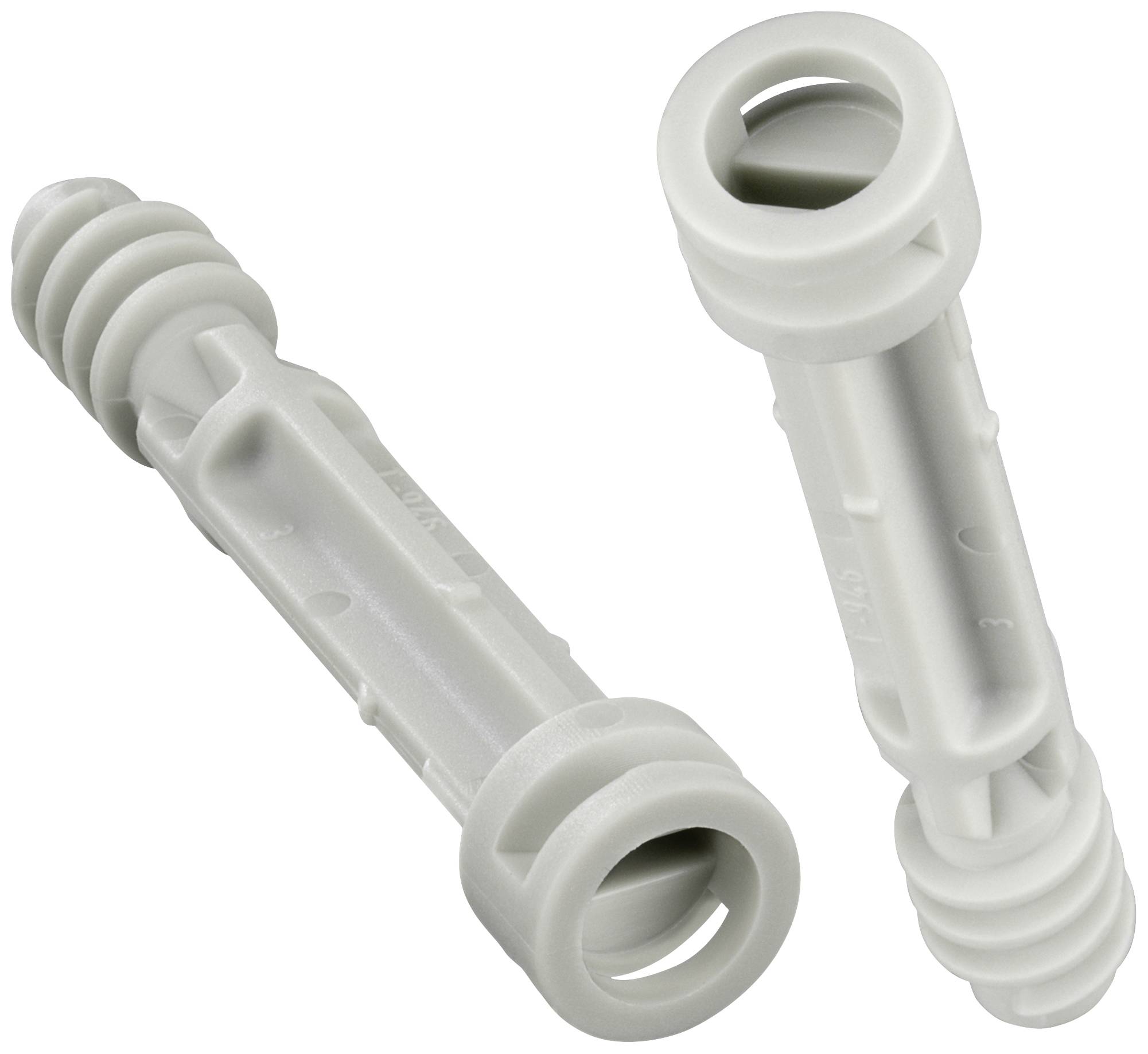 Two white plastic wall plugs with a spiral pattern and hollow spaces, designed for secure fixings in building materials.
