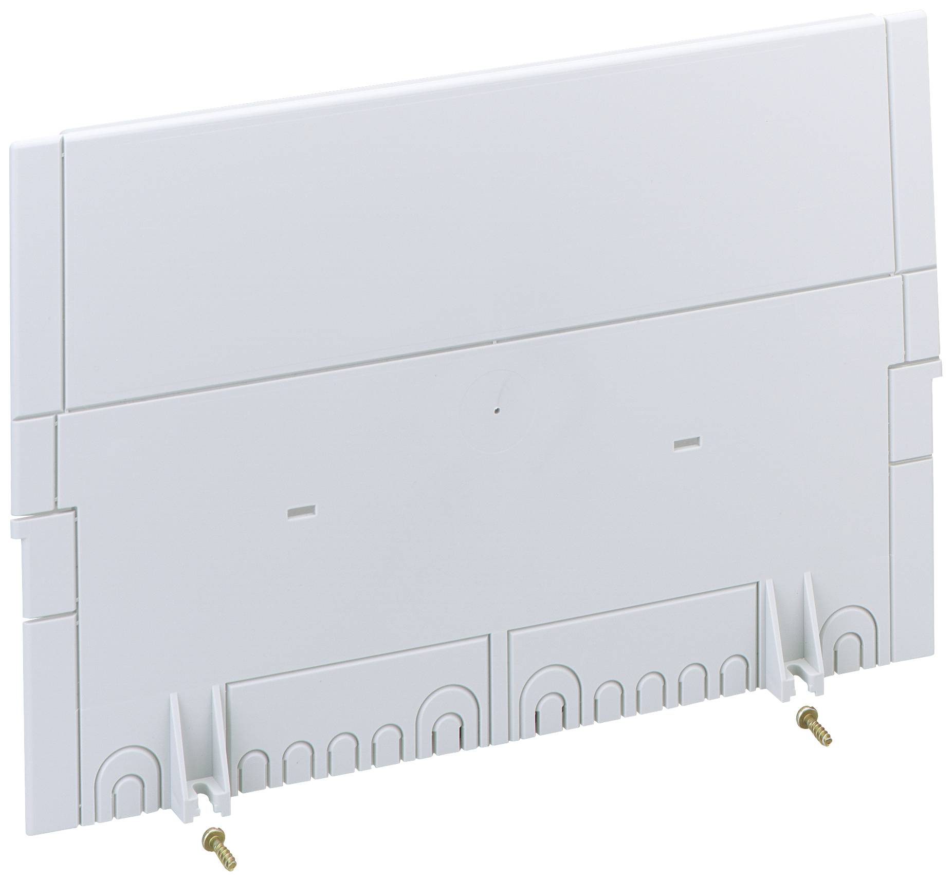 A white rectangular plastic part, presumably a technical component, with screws on the underside for mounting.