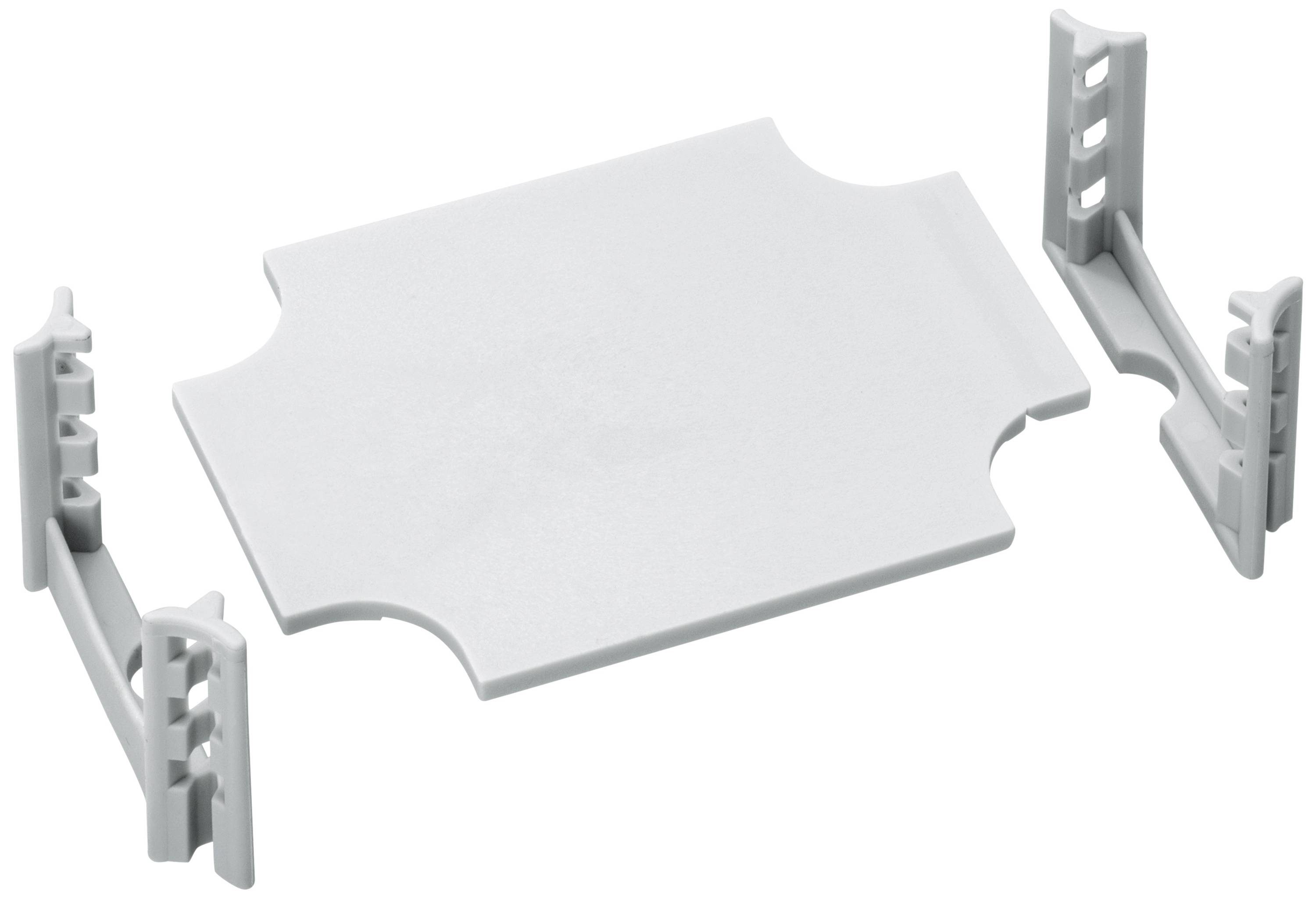 A white plastic connector with a rectangular main body and four insertion points designed for assembly.