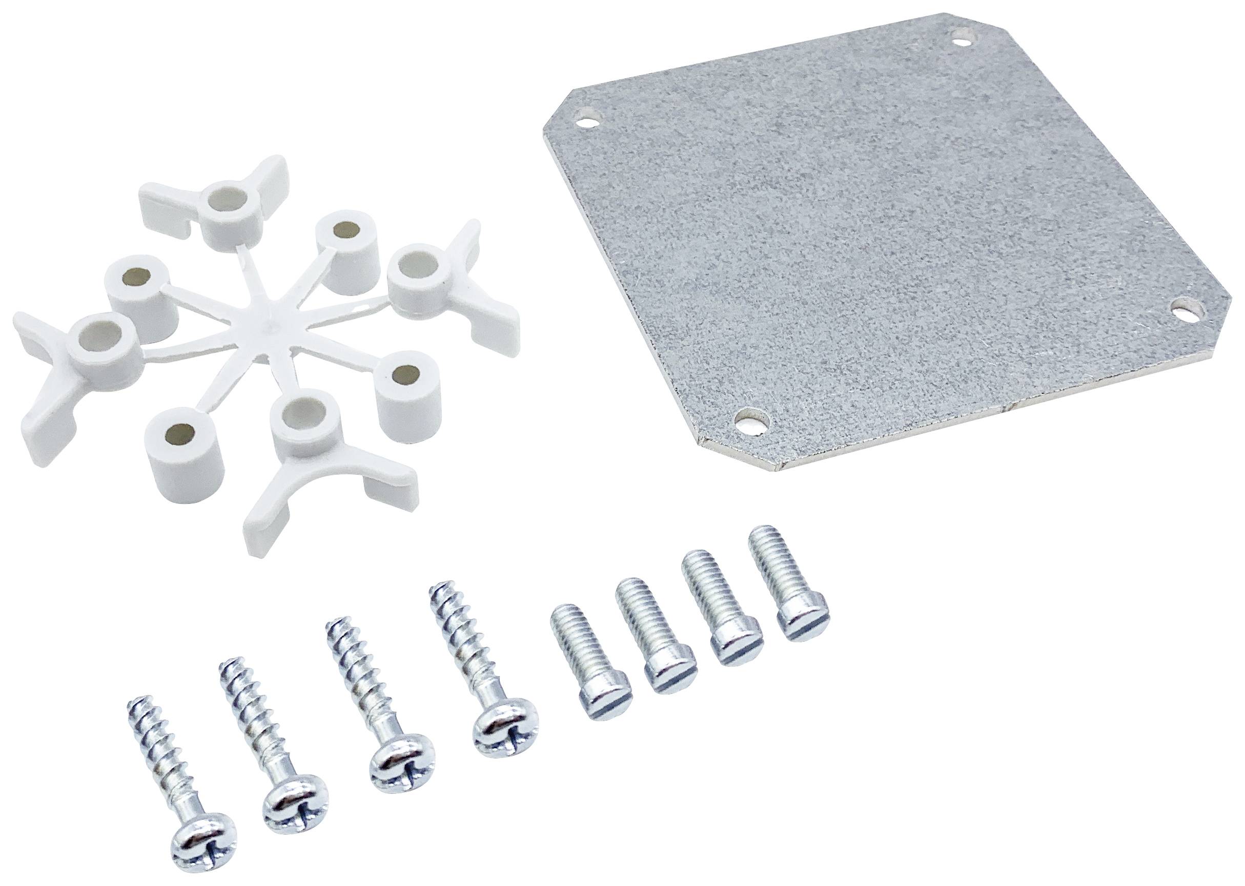 Metal plate with eight holes, six screws and a white plastic mounting bracket in cross formation, used for mounting objects or equipment.