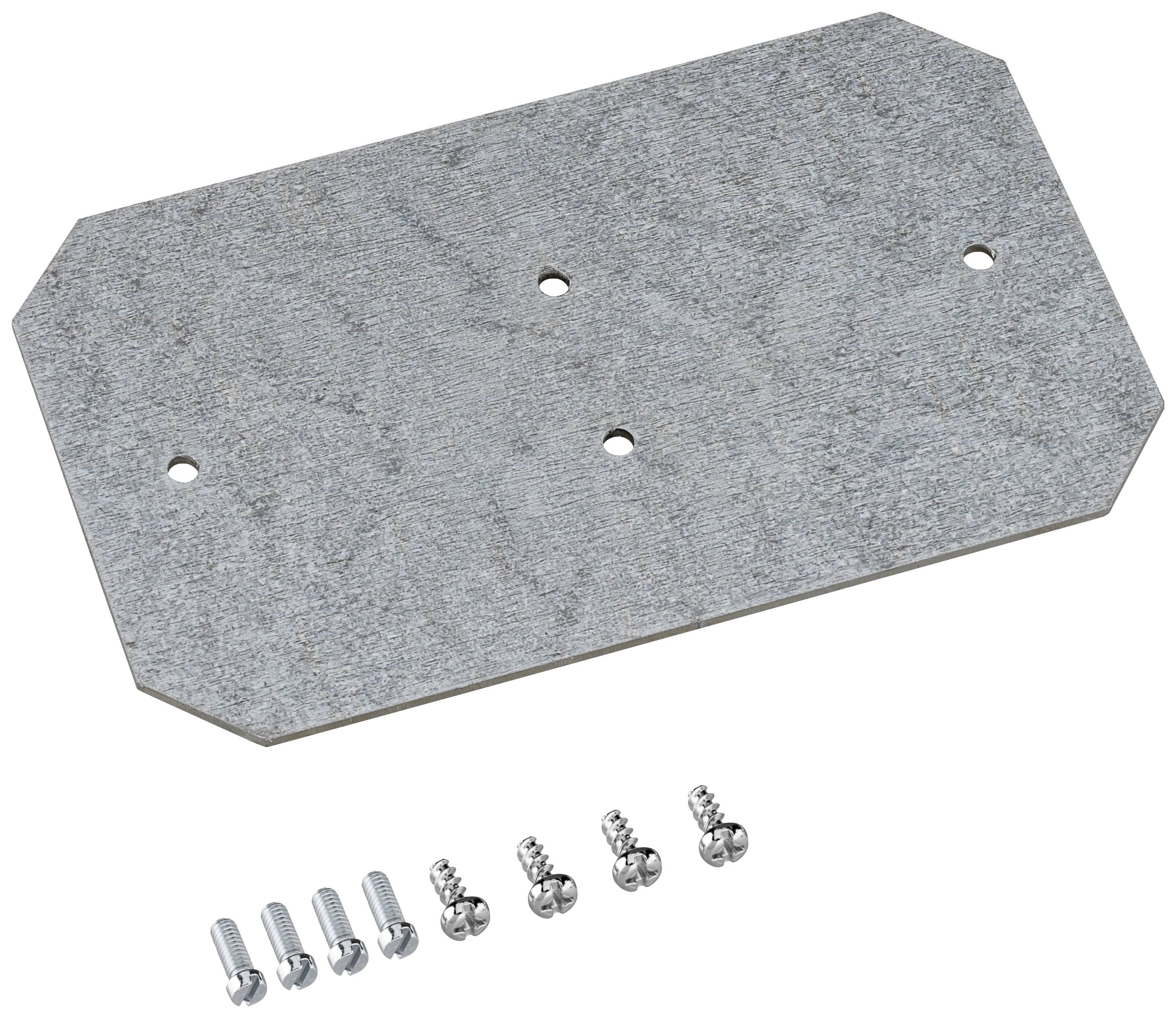 Metal plate with four drill holes. Six matching screws arranged alongside.