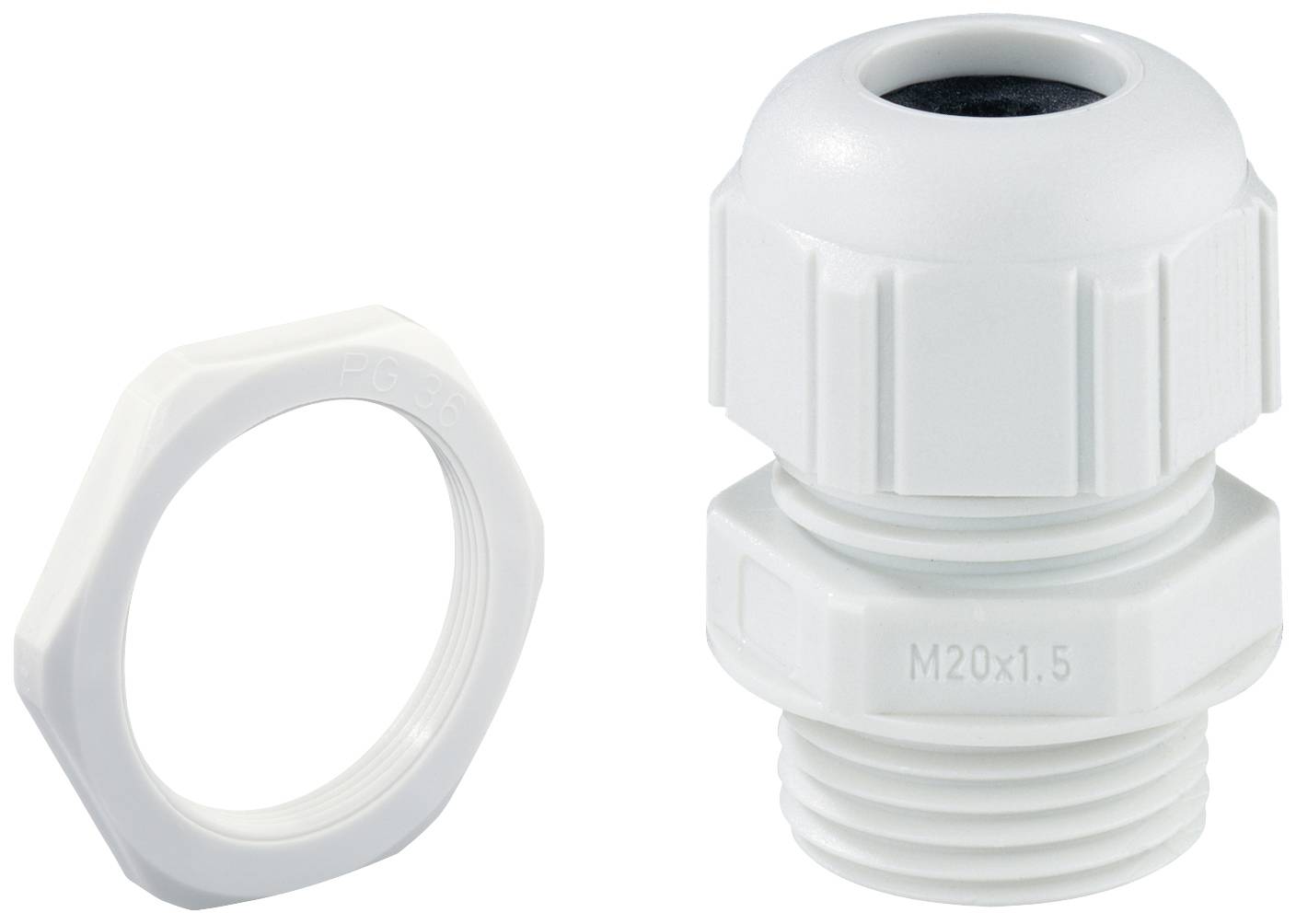 'Cable gland and locknut made of white plastic. The gland is marked with 