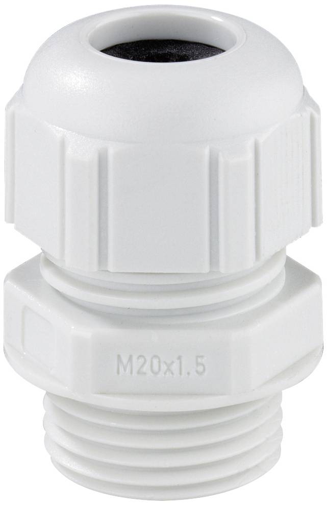 White plastic cable gland with M20x1.5 thread, suitable for secure fastening and sealing of cables in enclosures.