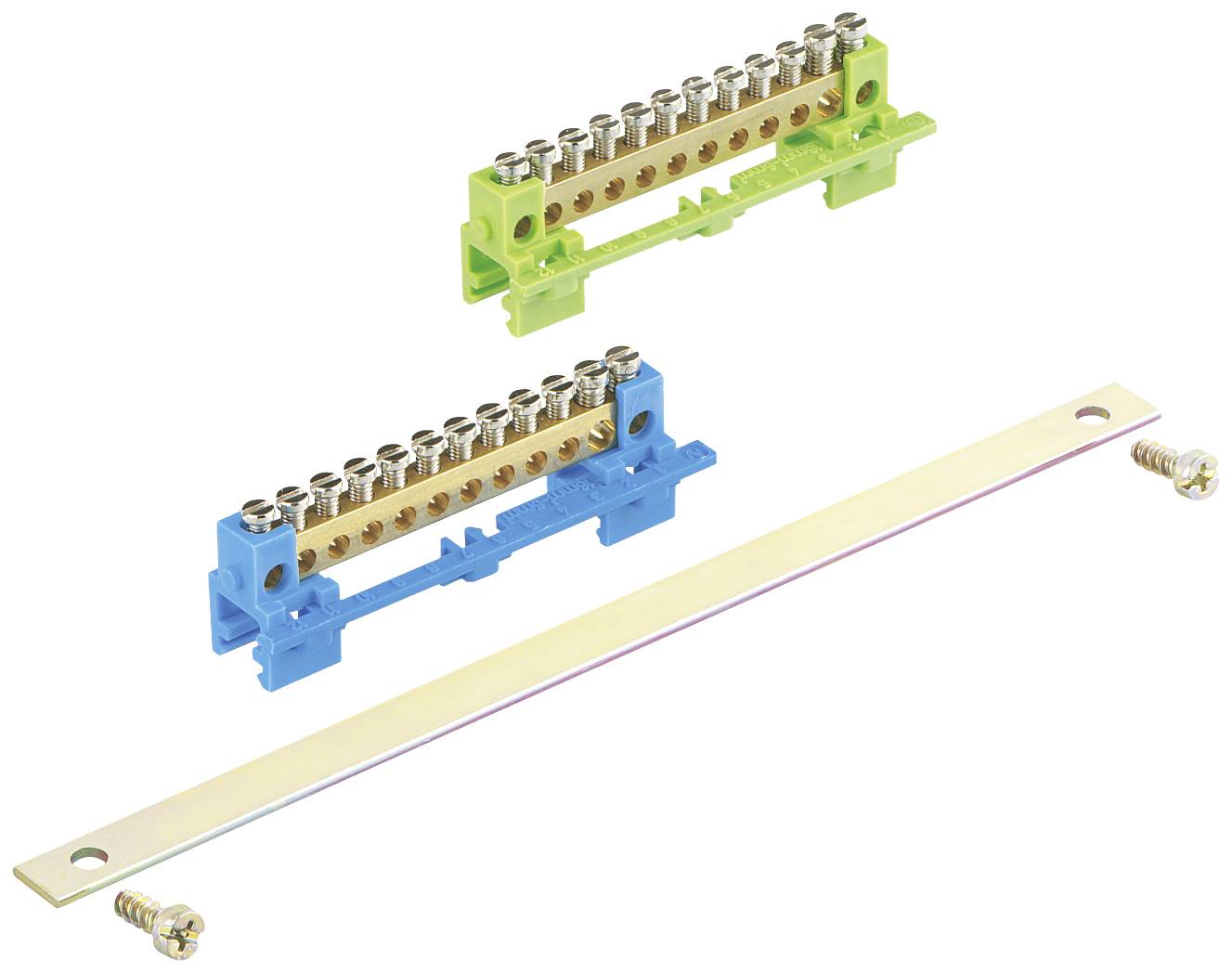 Green and blue electrical terminal blocks with metal strip and screws for electrical wiring.
