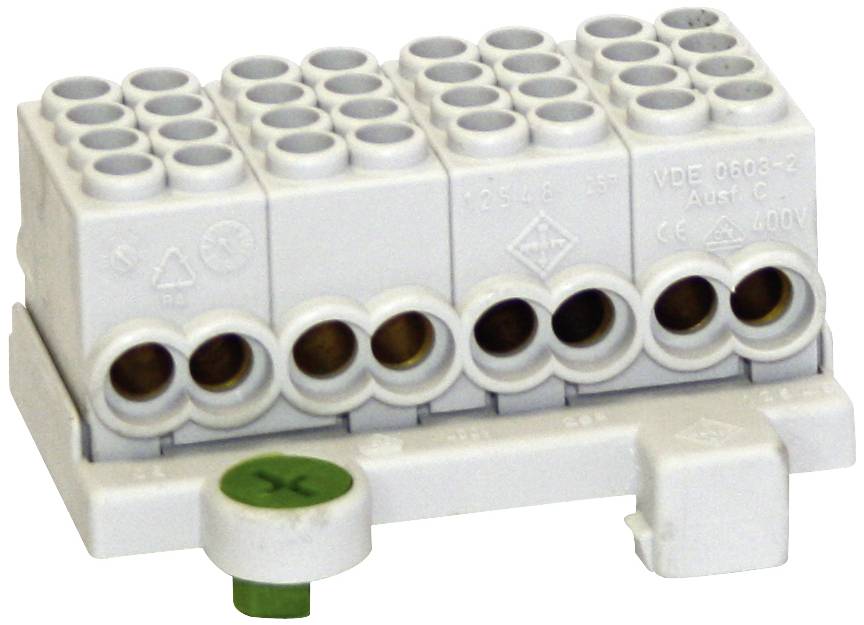 Plastic electrical terminal block with multiple connection points for securing cables, suitable for up to 400V.