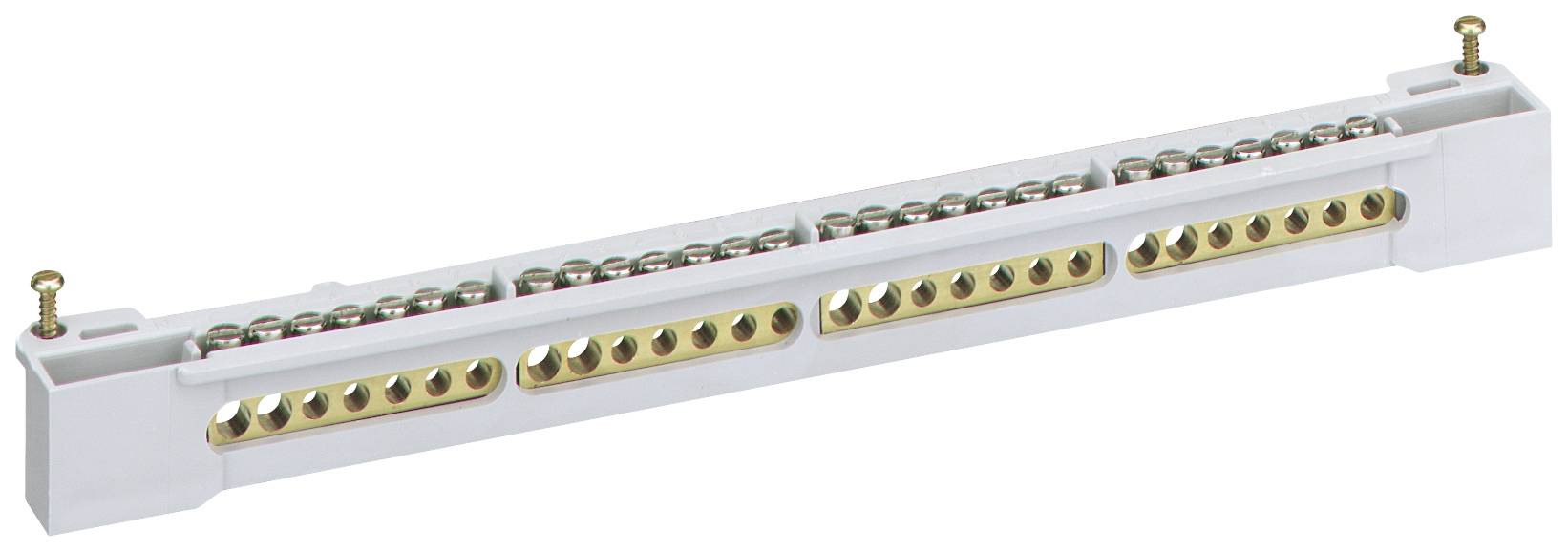 White plastic strip with metallic contacts and screws.