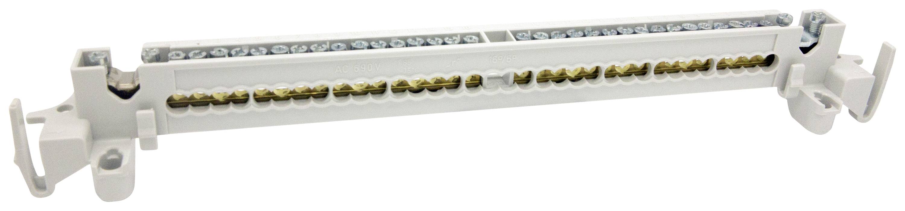 A white installation earth bar with multiple screw terminals. The earth bar is used for distributing electrical earthing.