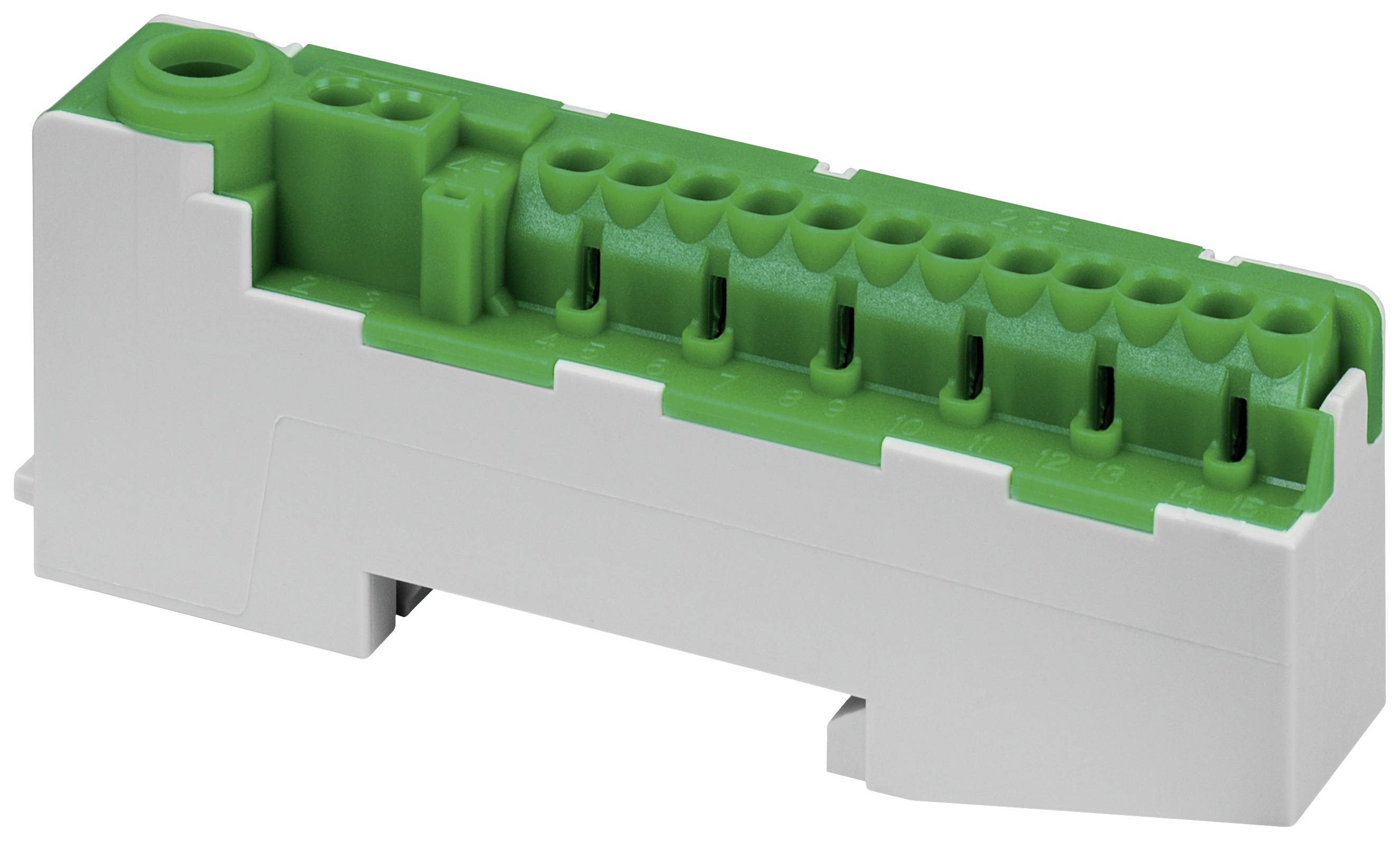 A green electrical connector block on a white background. It has multiple terminals and is used for connecting cables.