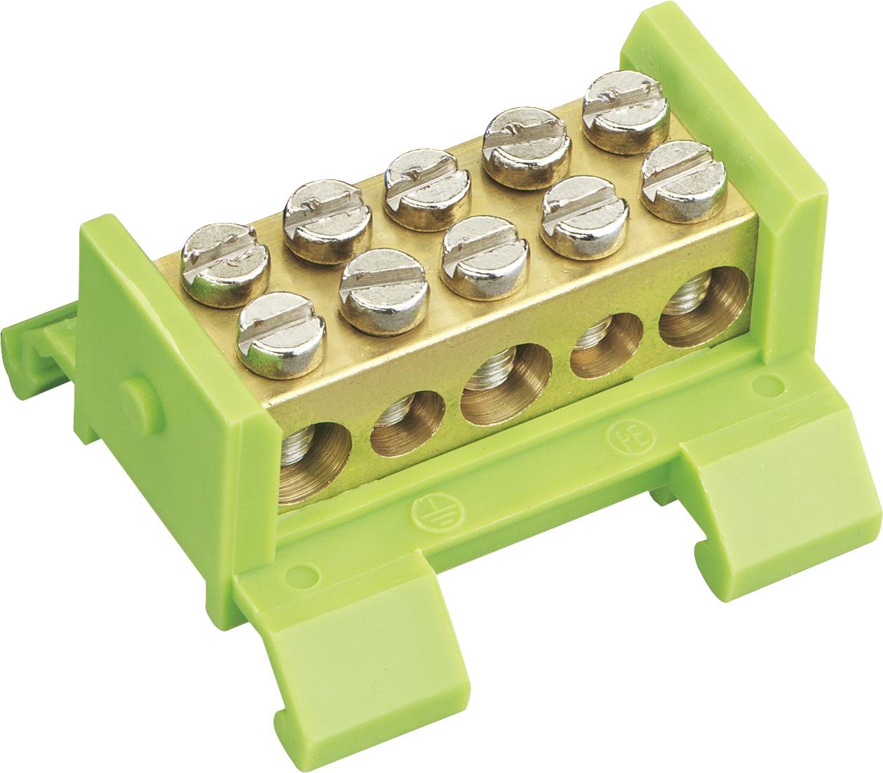 A green earthing distribution block with a golden metal alloy and multiple screw terminals for securing electrical connections.