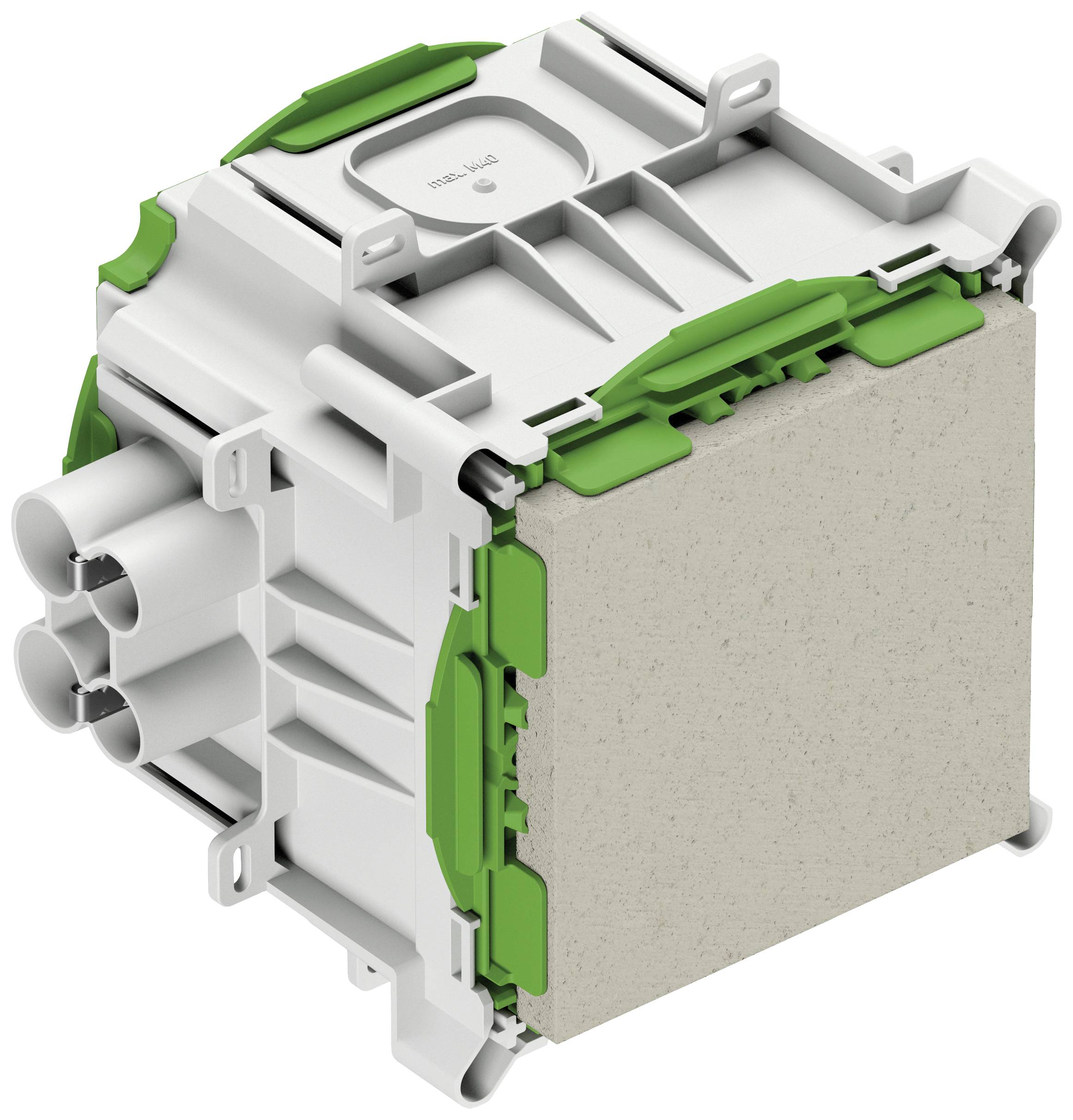 A rectangular technical device with a grey casing and green accents. It has four round ports on the left side.