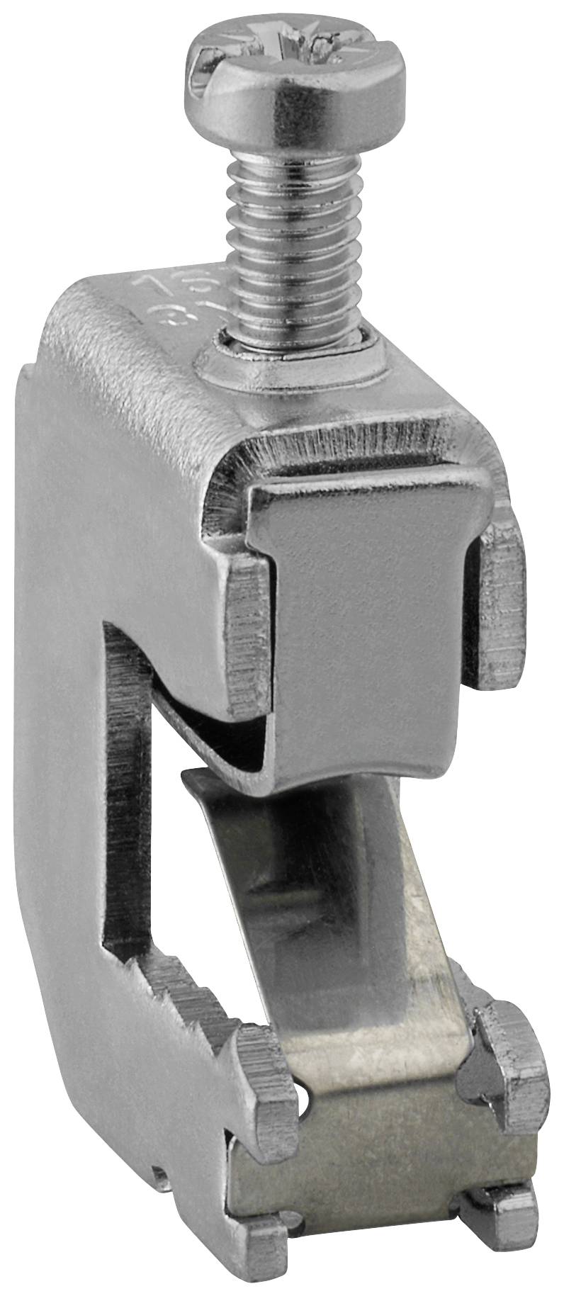 A metal clamp with a screw and mounting bracket, potentially used for securing materials, against a white background.