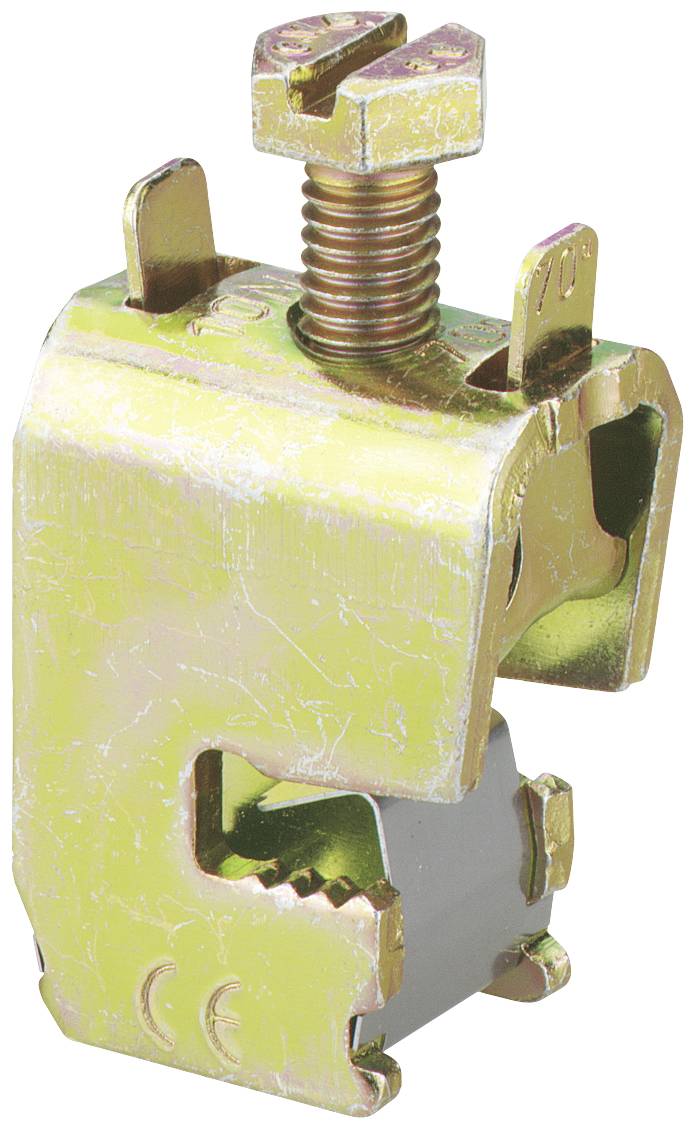 Metallic earthing clamp, gold-plated, with screw fastening, serves to provide a secure connection for earth wires in electrical installations.