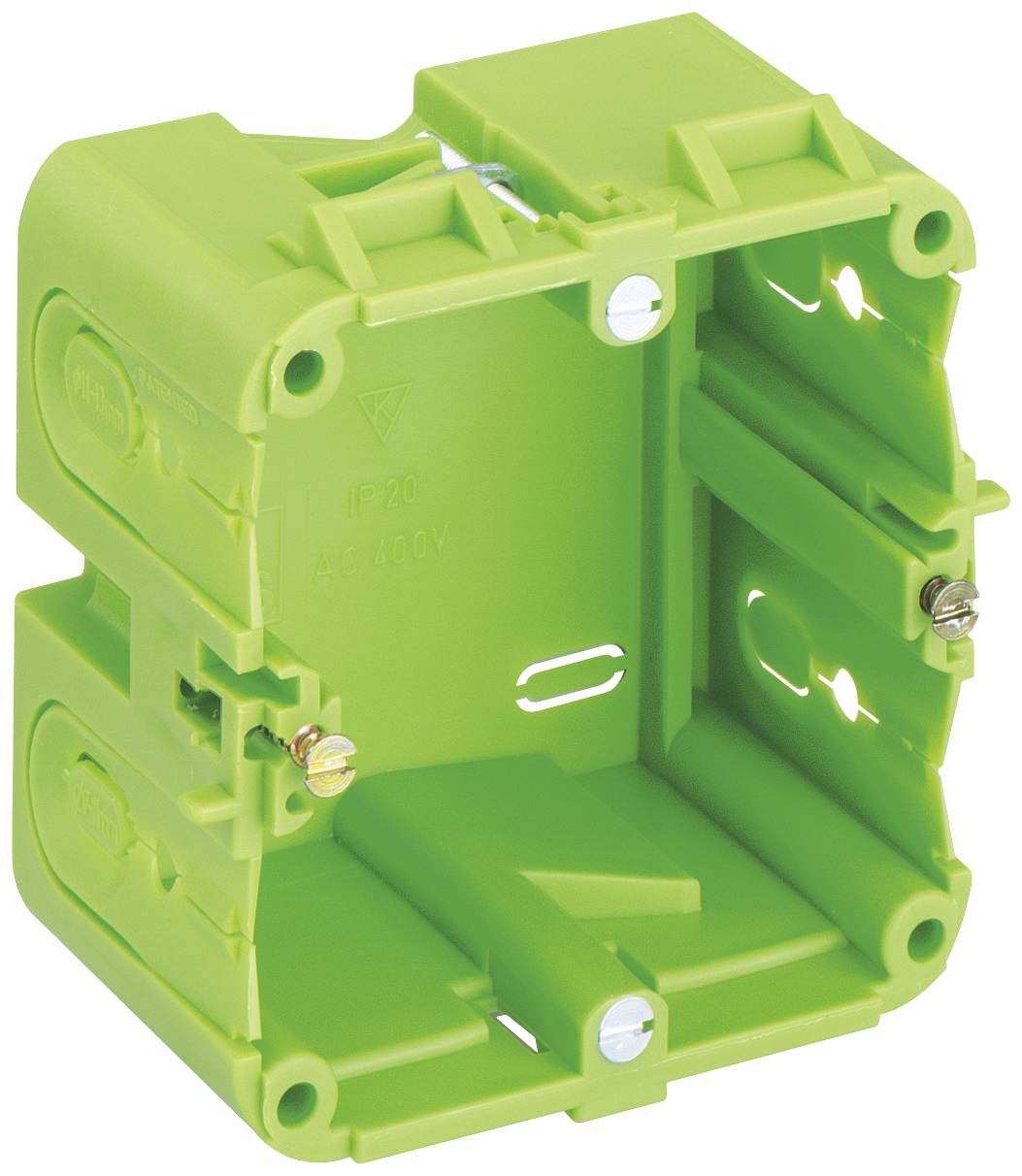 Green plastic hollow wall box with two screws, suitable for electrical installations in lightweight partition walls.