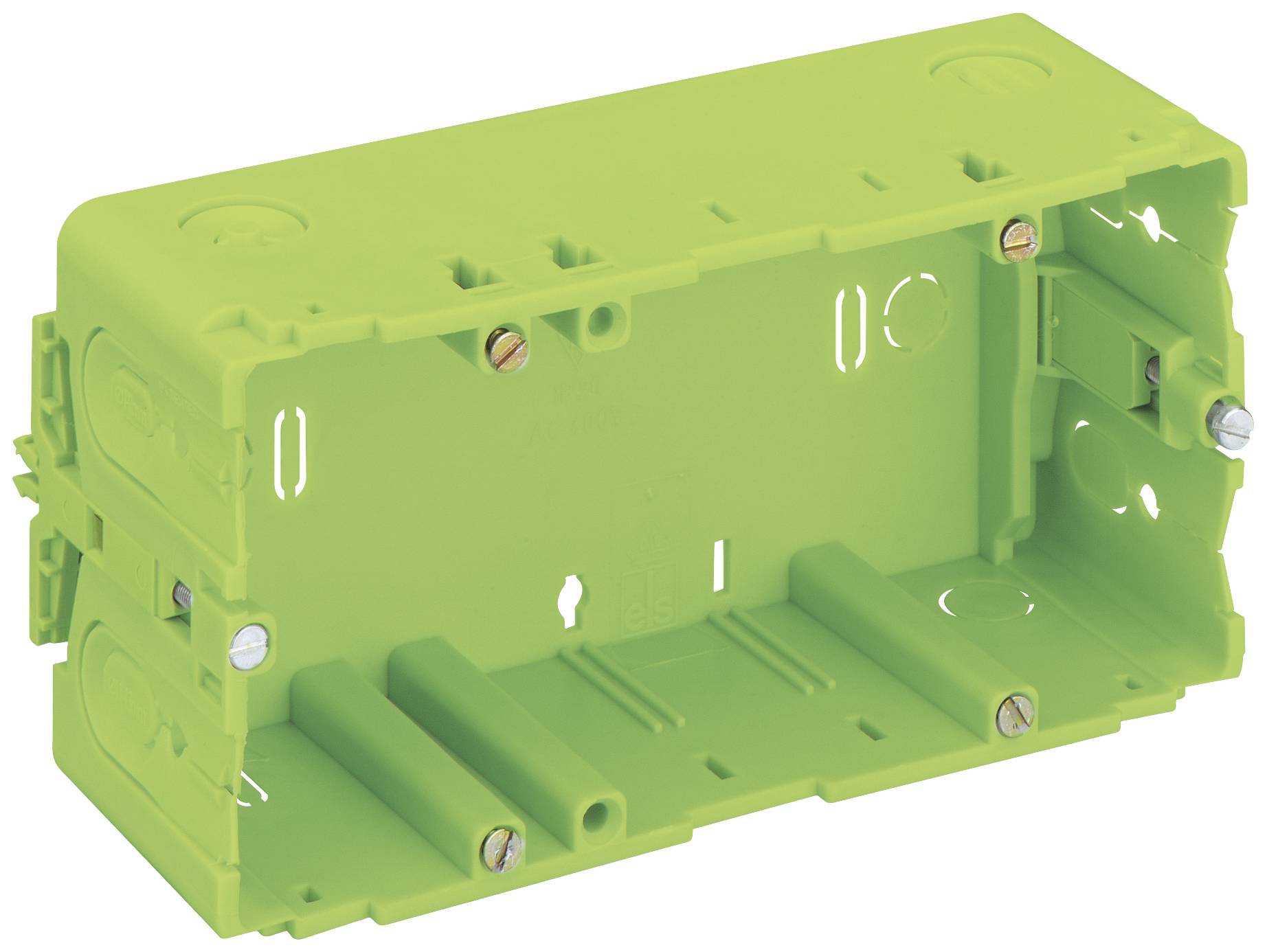 Green plastic flush-mounted electrical box with multiple screw holes, suitable for mounting electrical components in walls.