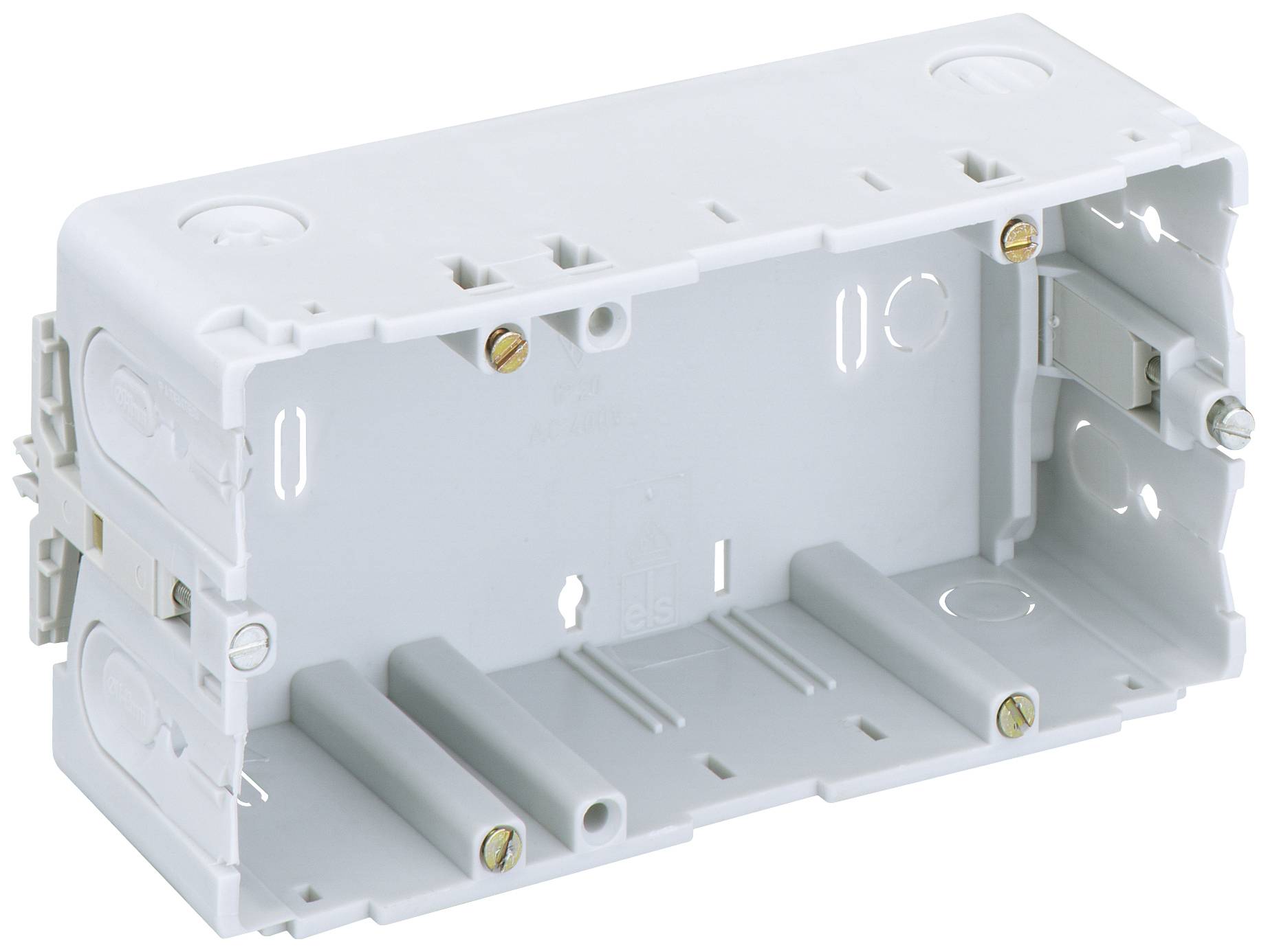 A rectangular hollow junction box made of white plastic with screw fixings on the sides, for installing electrical switchgear units.