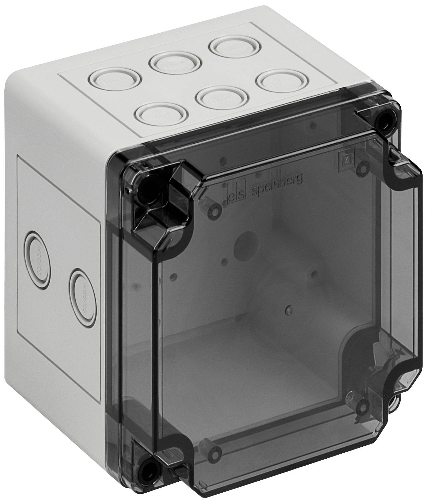 Small, square, transparent plastic box with a removable lid and multiple round cable entry holes.