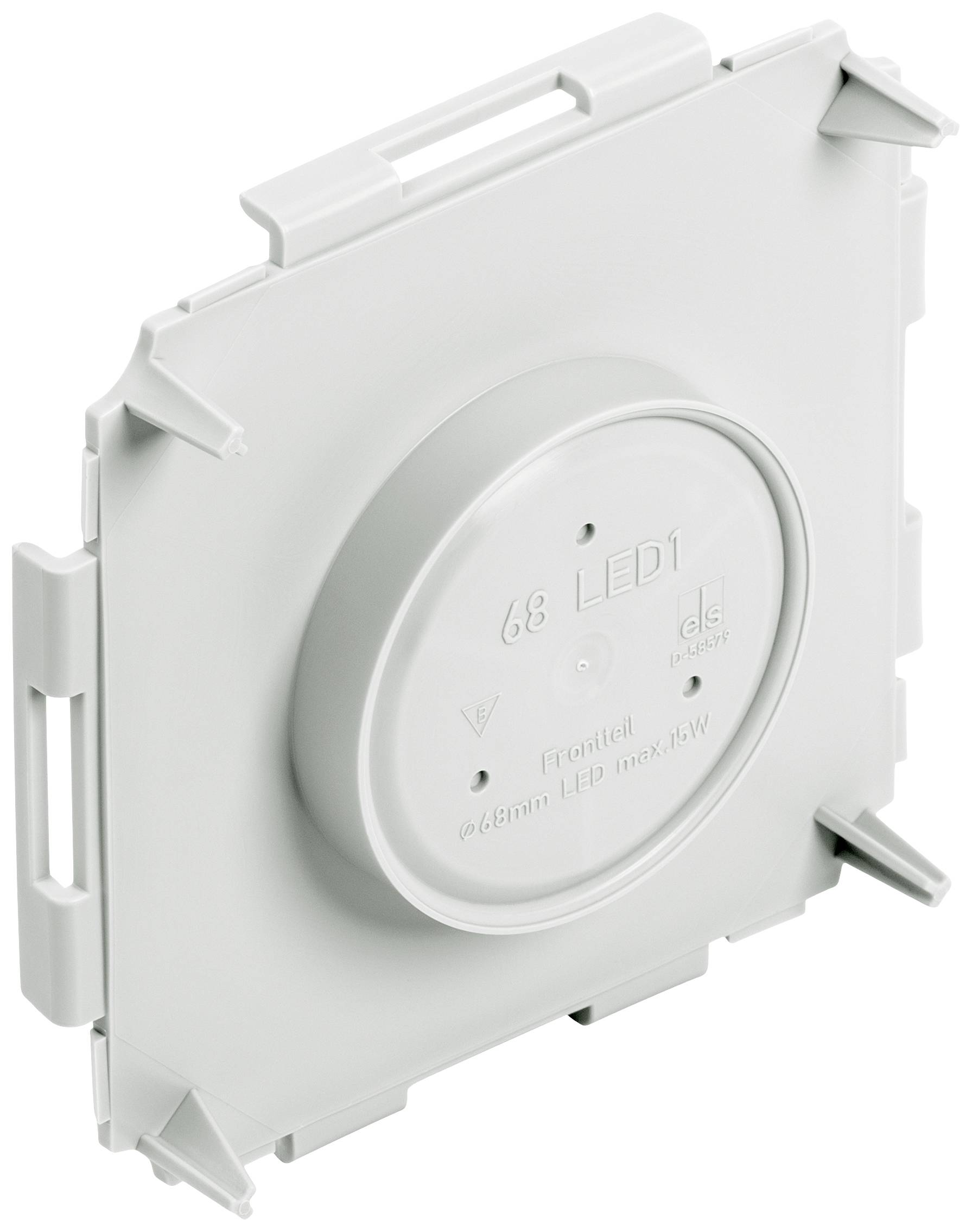 A square, white LED module with a round protrusion in the centre. Text on the protrusion: '68 LED1'. Design for installation in other devices.