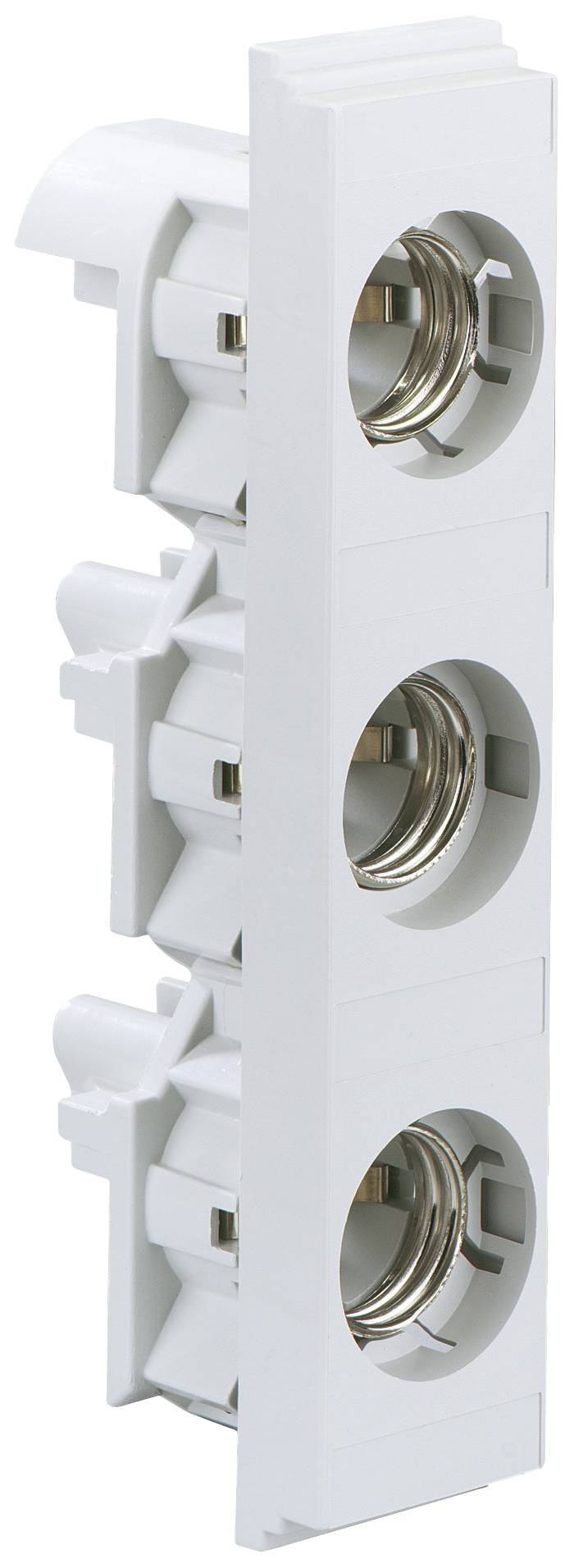 White, triple fuse holder with silver contacts, vertical arrangement, suitable for electrical applications.