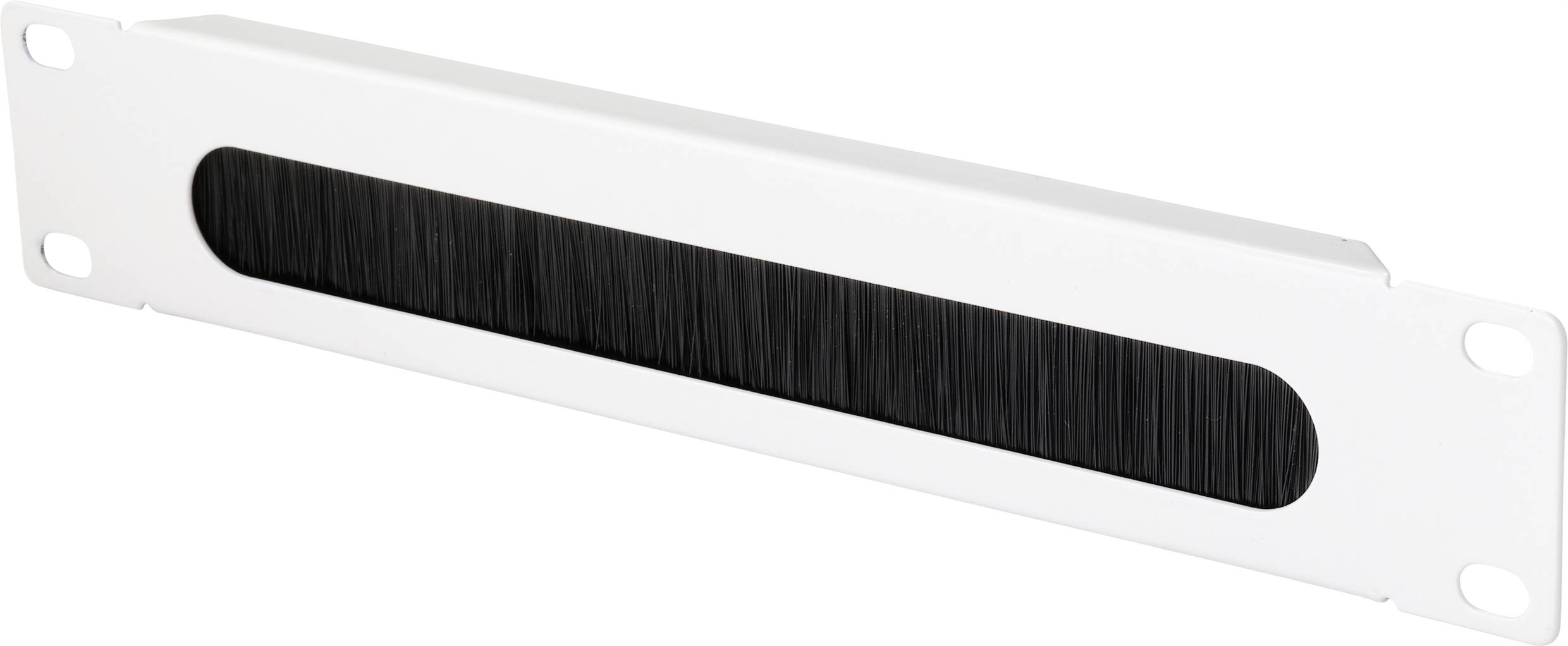 A cable entry module for server racks, white, with a black brush seal in the middle, for cable management.