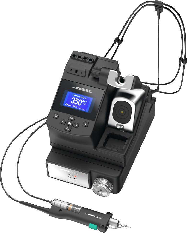 A professional soldering iron with a digital display showing 350°C. It features a stand and an attached soldering tip.
