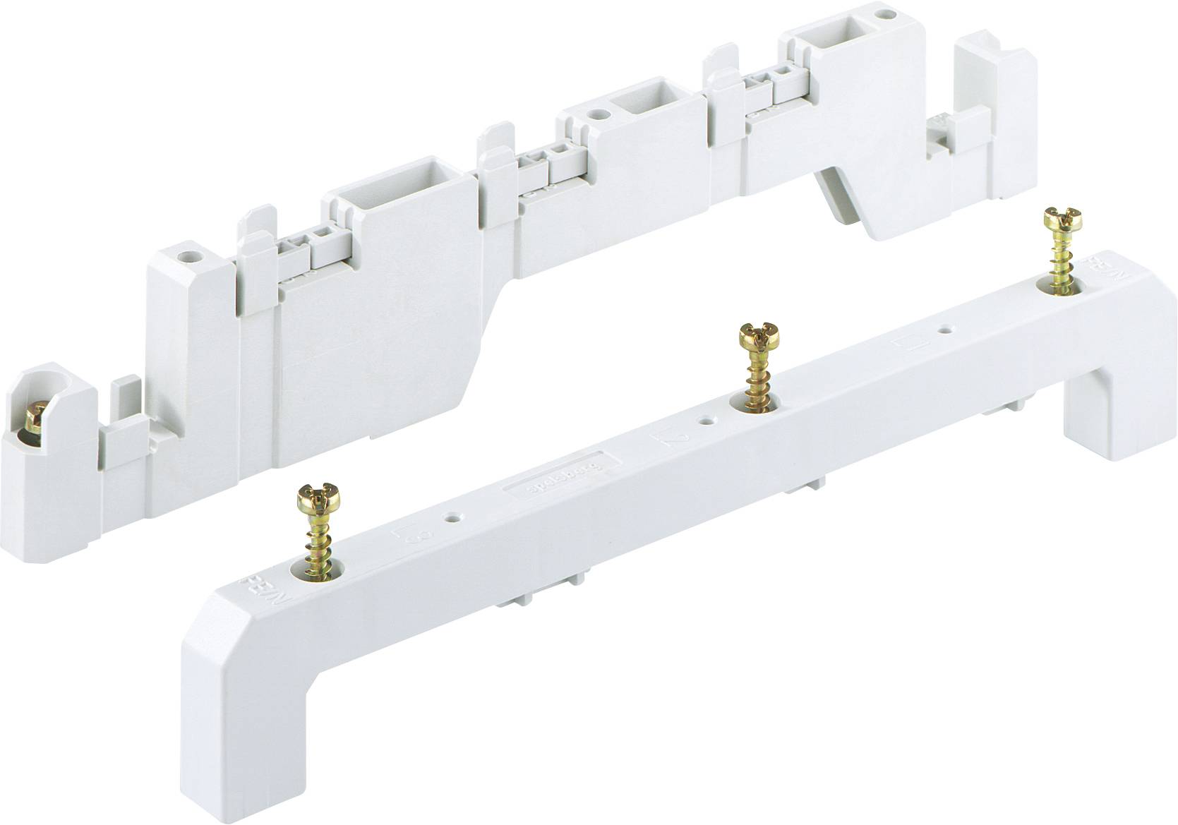 Two white plastic parts with screws that, when assembled, could serve as a mounting bracket or connecting element.