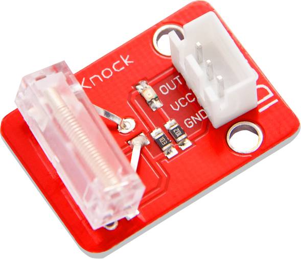 'Knock' Sensor Module with a red printed circuit board and white connection pins, used for detecting mechanical impacts or knocking.