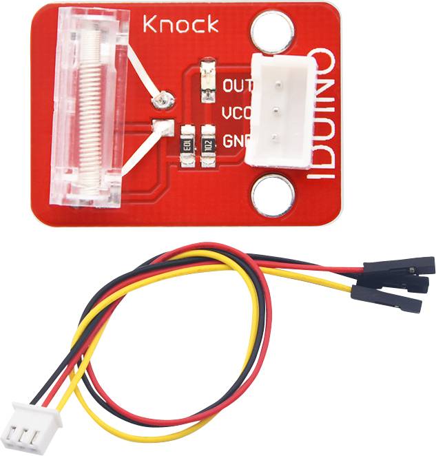 Red Arduino knock sensor with two terminals and included cable with multiple wires for connecting to electronic circuits.