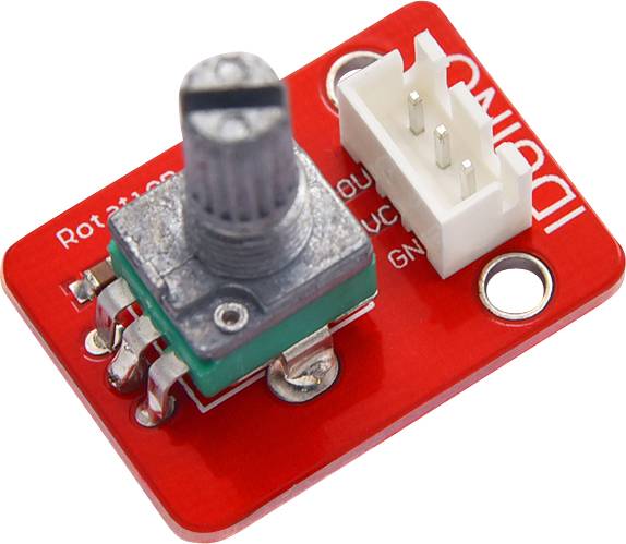 Rotary encoder module with a red PCB and white connector. On the left, the rotary knob is visible, with the connection socket in the centre.