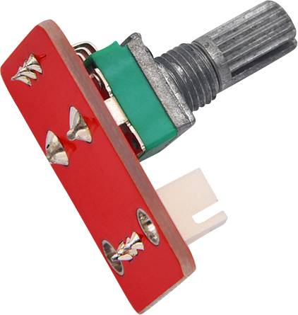 A red, square resistor component with metal threads and metal pins, possibly part of an electronic device.