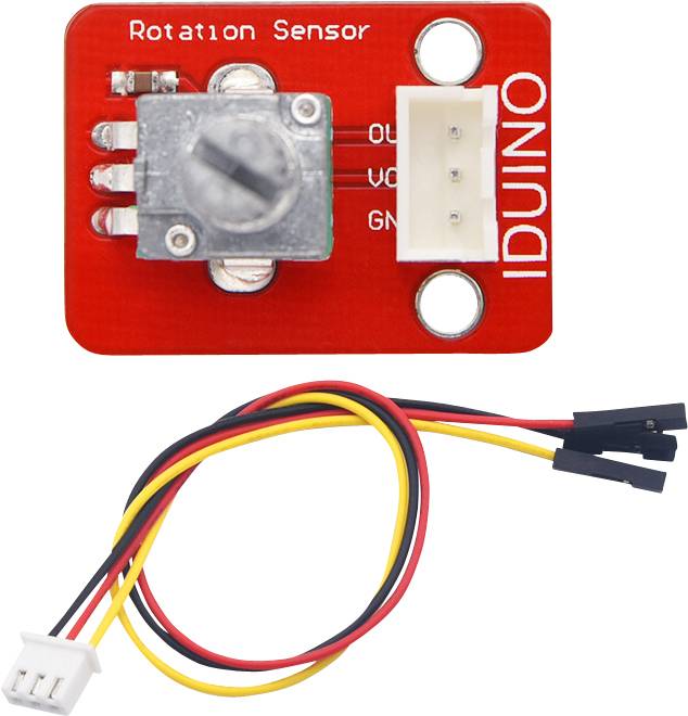 Rotation sensor module with plug connections and cables. Labelled with OUT, VCC, GND. Suitable for electronic projects with Arduino.