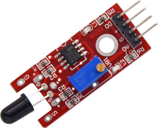 An IR module with a red circuit board and blue trimming cap, fitted with multiple pins and a black sensor.