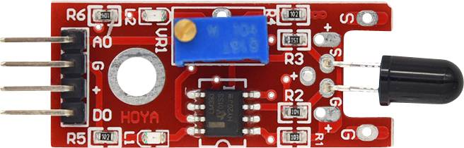 A red infrared emitter module with multiple components, including resistors and a potentiometer. Used for electronic projects.