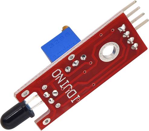 A red infrared sensor module with a blue component and multiple connection pins. Used for electronics projects.