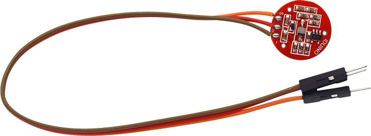 Round electronic module with several soldered components and two protruding cables with plug contacts.