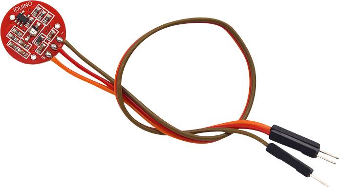 A round, red Arduino sensor with multiple components and three attached cables. Suitable for electronic DIY projects.