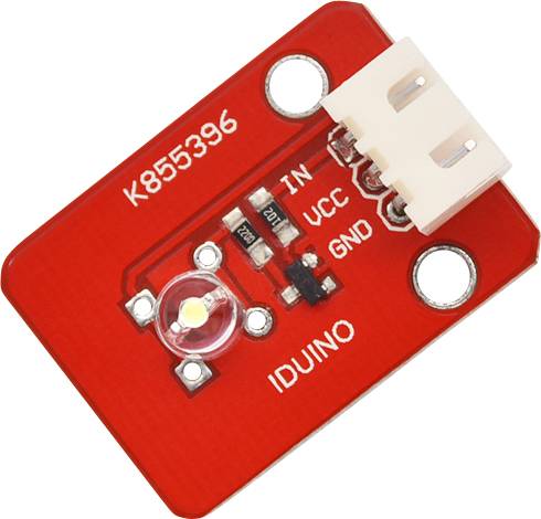 Red microcontroller module with white connection terminals, labelled 'IDUINO', three marked contacts: 'IN', 'VCC', 'GND'.