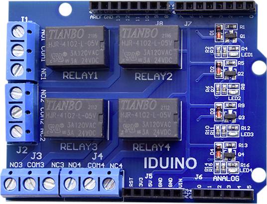 'IDUINO' Relay Board with four relays and blue terminals; used for controlling electronic circuits via Arduino boards.
