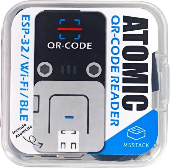'ATOMIC QR-CODE READER' in packaging. Contains ESP-32 module with Wi-Fi and Bluetooth support. Brand: M5STACK. Includes AtomLite.