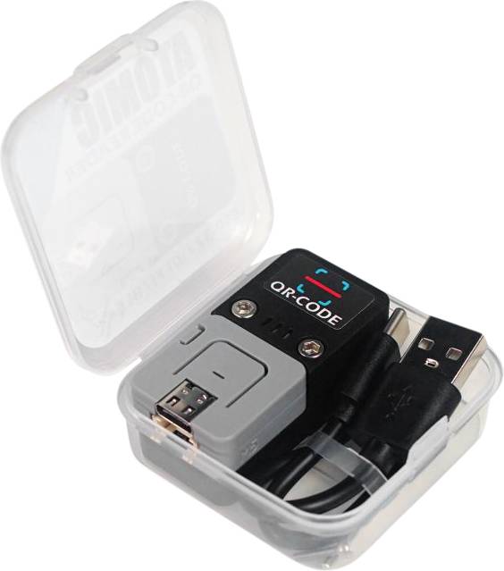 Transparent box containing a USB charging adapter and cable, with the text 'QR Code' visible.