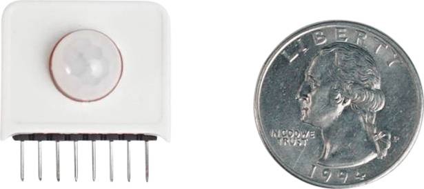 'PIR sensor' next to a 'US 25-cent coin' from 1972 for size comparison.