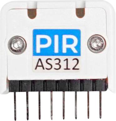 A PIR sensor with the model number 'AS312'. It has two screws at the top, below a blue 'PIR' symbol, and six connection contacts at the bottom.