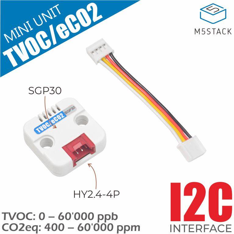 Sensor module for measuring TVOC and CO2 equivalent. Contains SGP30 sensor and HY2.4-4P connector. Suitable for I2C interface.